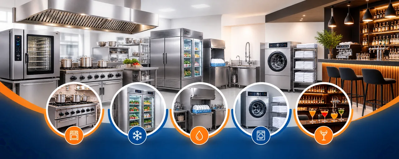 Una cucina professionale completa — forni, abbattitori, armadi frigoriferi, lavastoviglie industriali, lavanderia e bancone bar — con i cinque ambiti seguiti da Behind Horeca.