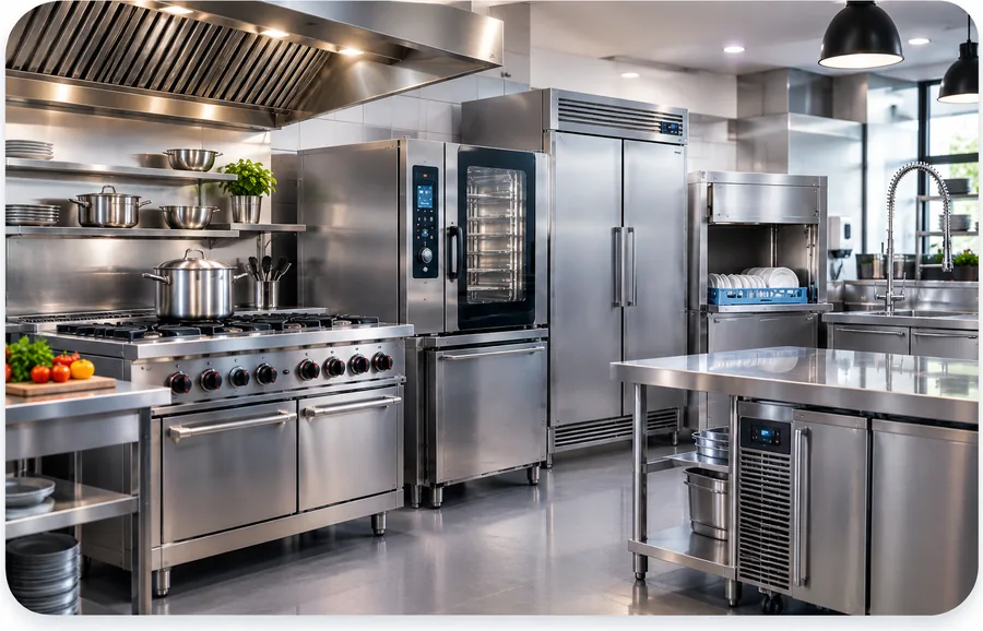 Cucina professionale in acciaio inox: piano cottura a sei fuochi, forno misto, armadi frigoriferi e lavastoviglie a capot.